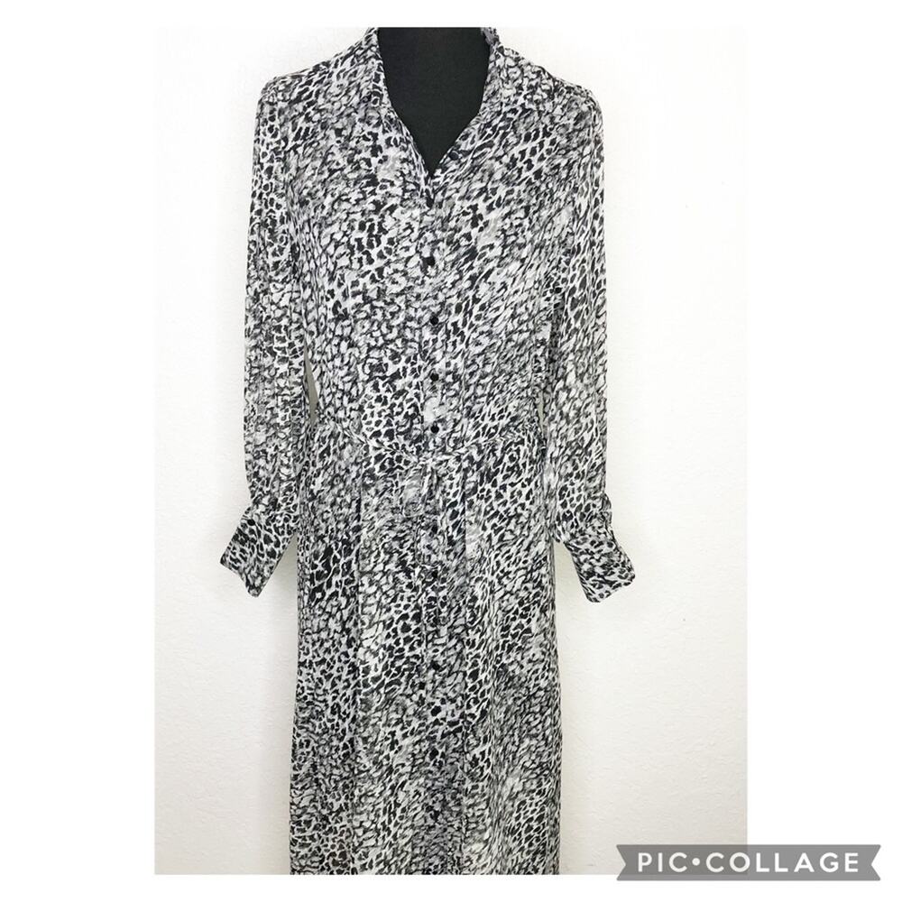 WHBM gray and black leopard animal print sheer button front midi dress size 8